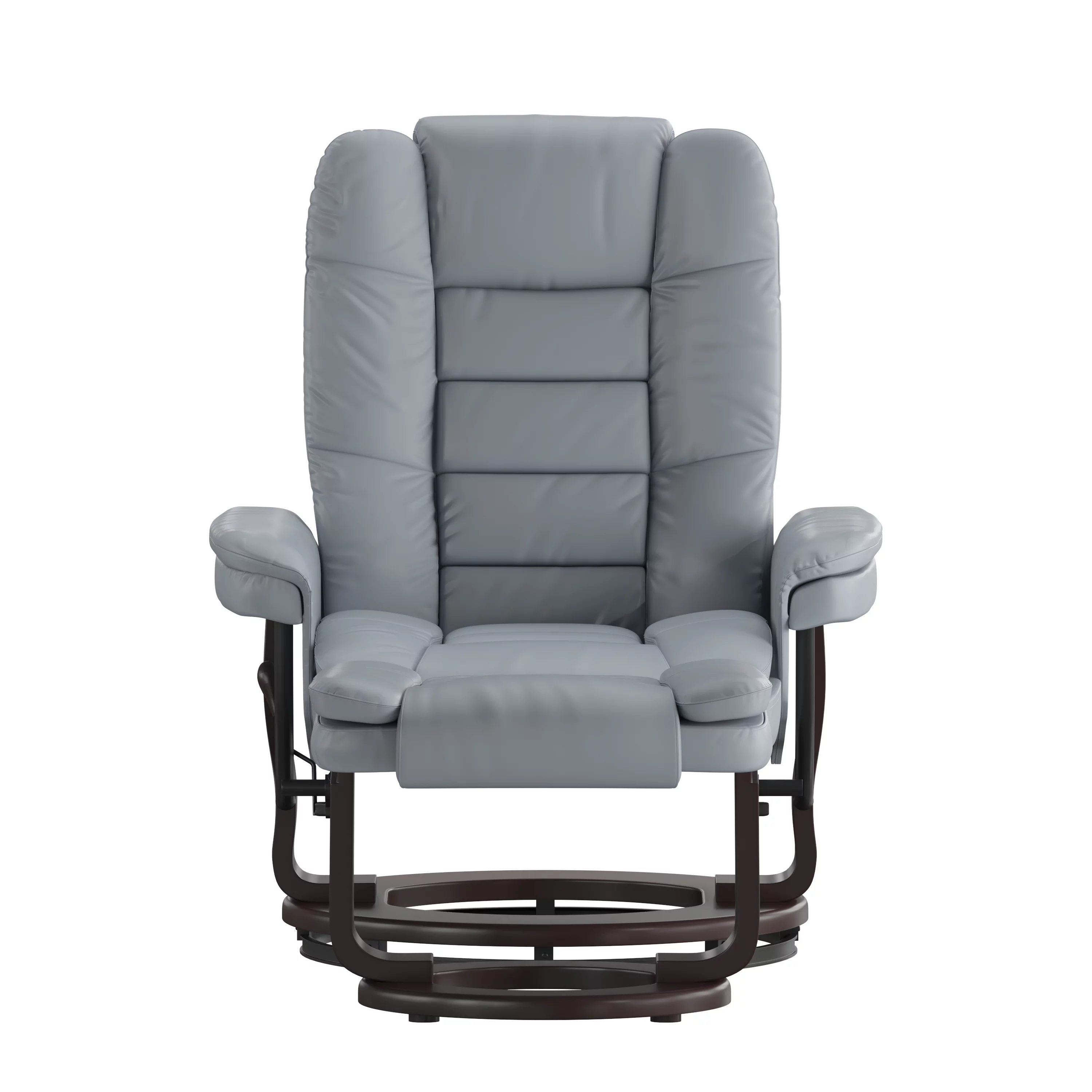 Emma + Oliver Contemporary Multi-Position Recliner with Horizontal Stitching and Ottoman with Swivel Mahogany Wood Base in Gray Faux Leather
