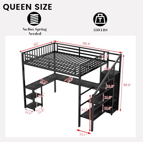 Full Size Loft Bed with Desk and Stairs, Heavy-Duty Steel Loft Bed Frame with Wardrobe & LED Light
