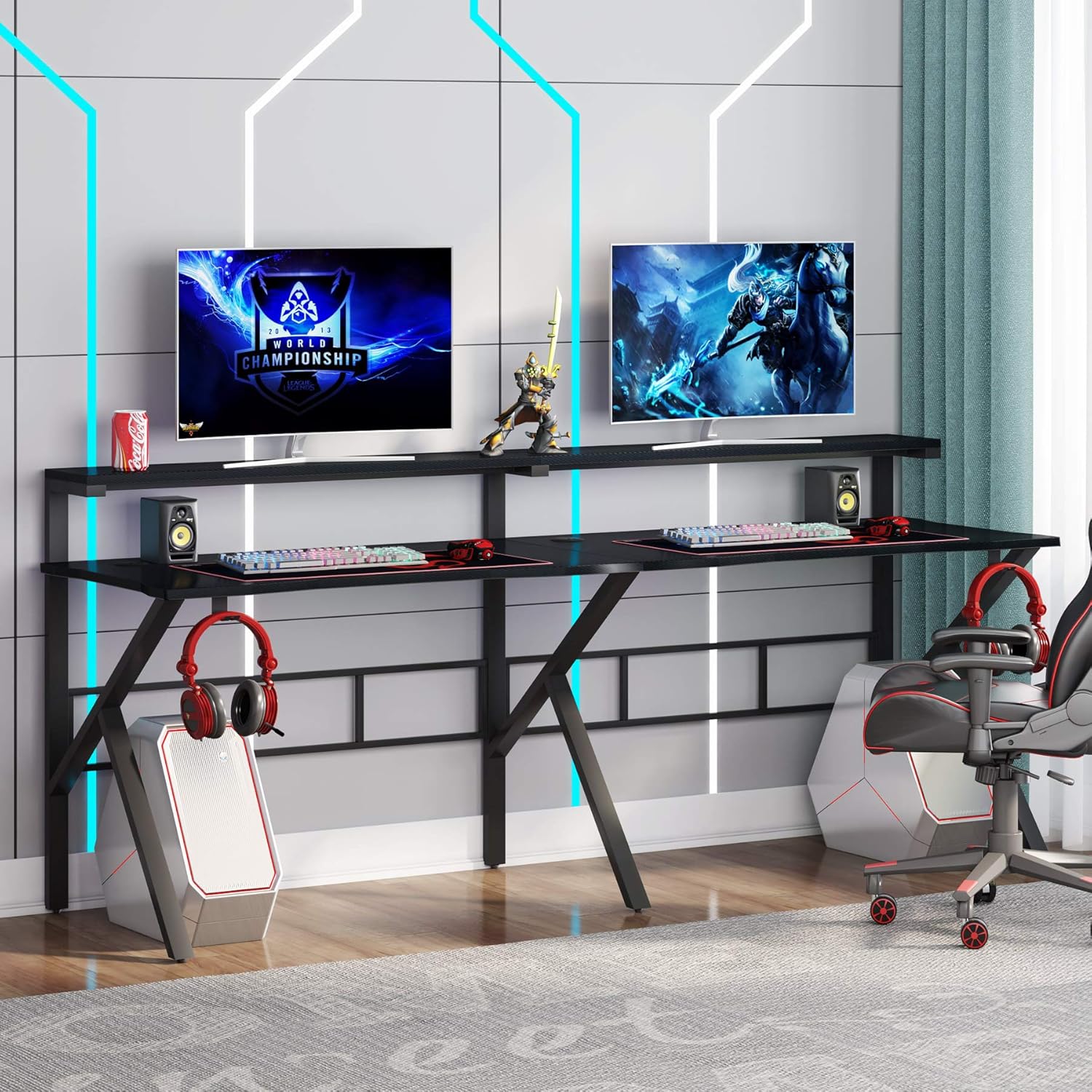 Tribesigns Two Person Gaming Desk with Hutch Monitor Shelf, 78 inches Double Computer Desk with Headphone Hooks