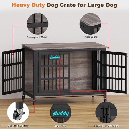 EasyCom 48"/42"/33" Dog Crate Furniture with Name Tag, Heavy Duty Dog Kennel Indoor for Large Dogs