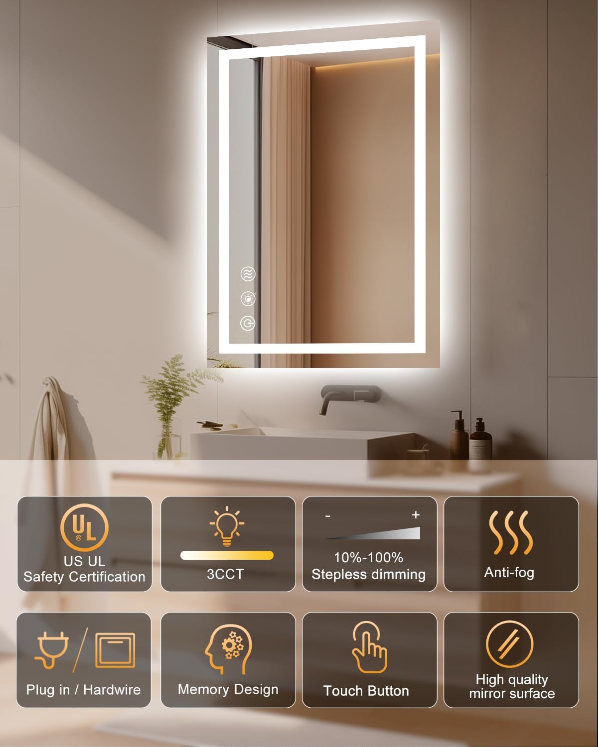 24''x36'' Bathroom Mirror with Lights,Front Lighted Bathroom Mirrors for Wall,Anti-Fog Smart Vanity Mirror,Touch Button and Memory Function