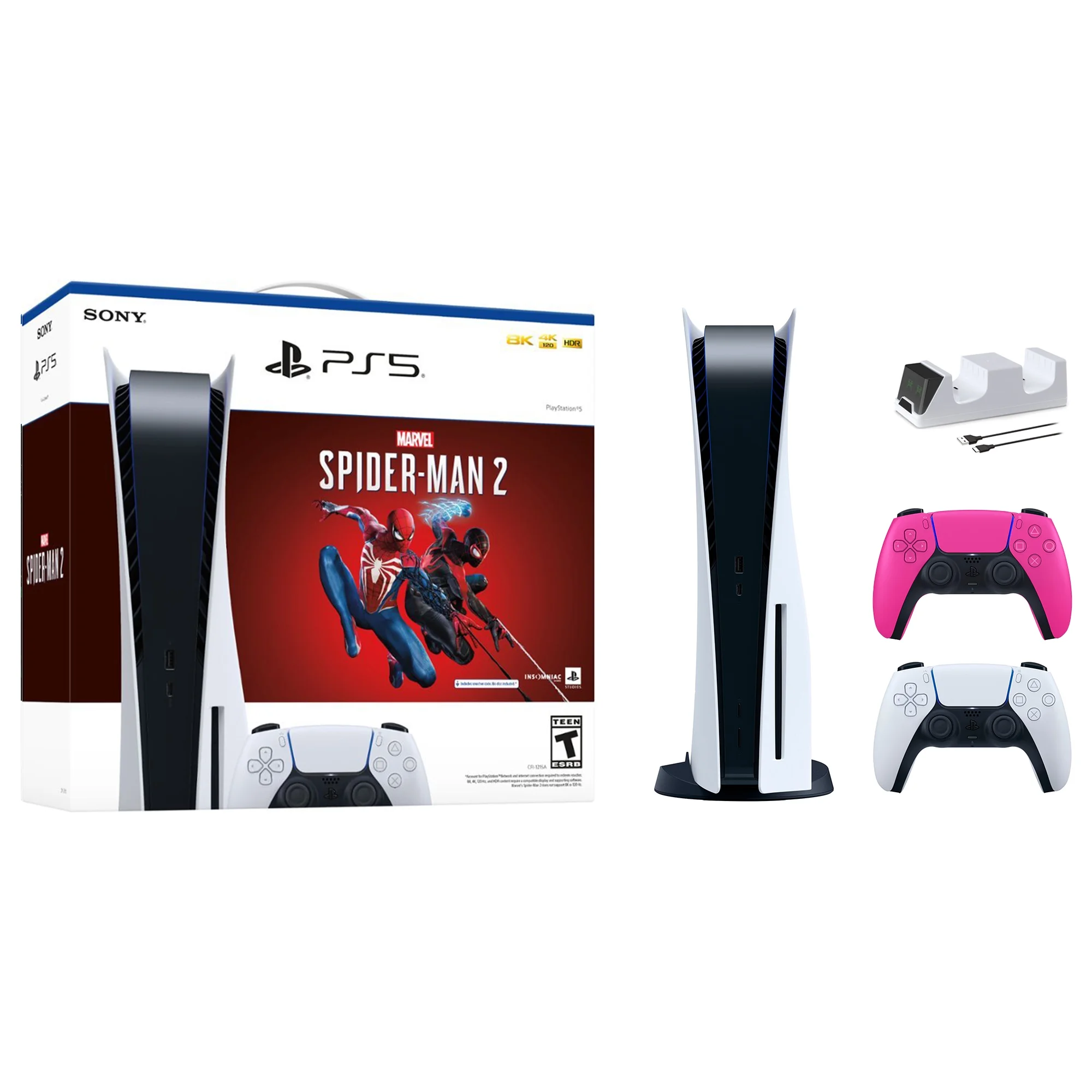 PlayStation 5 Disc Edition Marvel's Spider-Man 2 Bundle with Two Controllers White and Nova Pink DualSense and Mytrix Dual Controller Charger