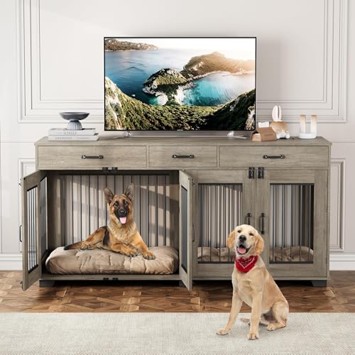 Dog Crate Furniture for 2 Dogs, 71'' XXL Indoor Dog Kennel with 3 Drawers and Removable Room Divider