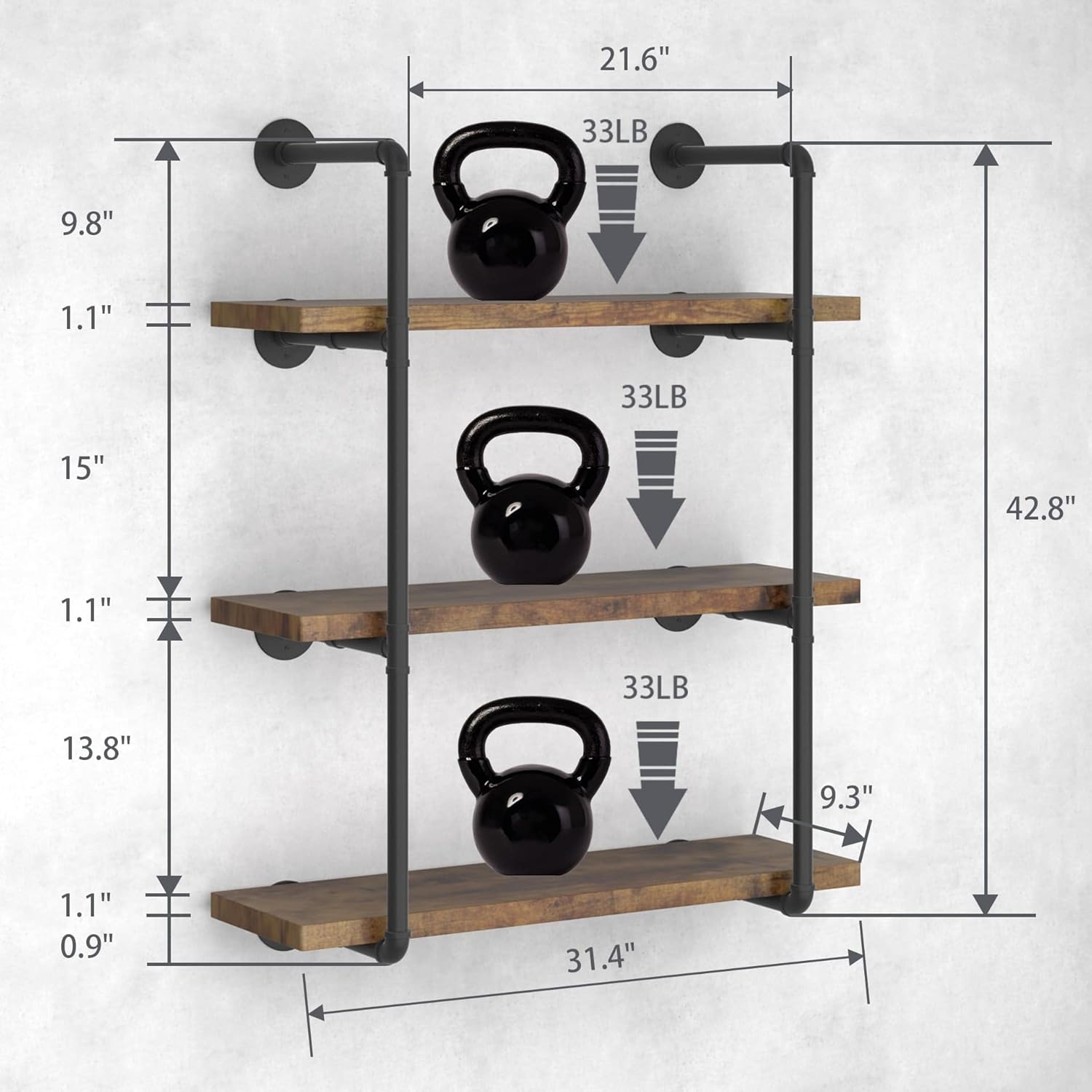 CADMIC Industrial Wall Mount Iron Pipe Shelf for Office Room Kitchen DIY Open Bookshelf Retro Black Storage Shelves Pipe Shelving Hung Bracket (3