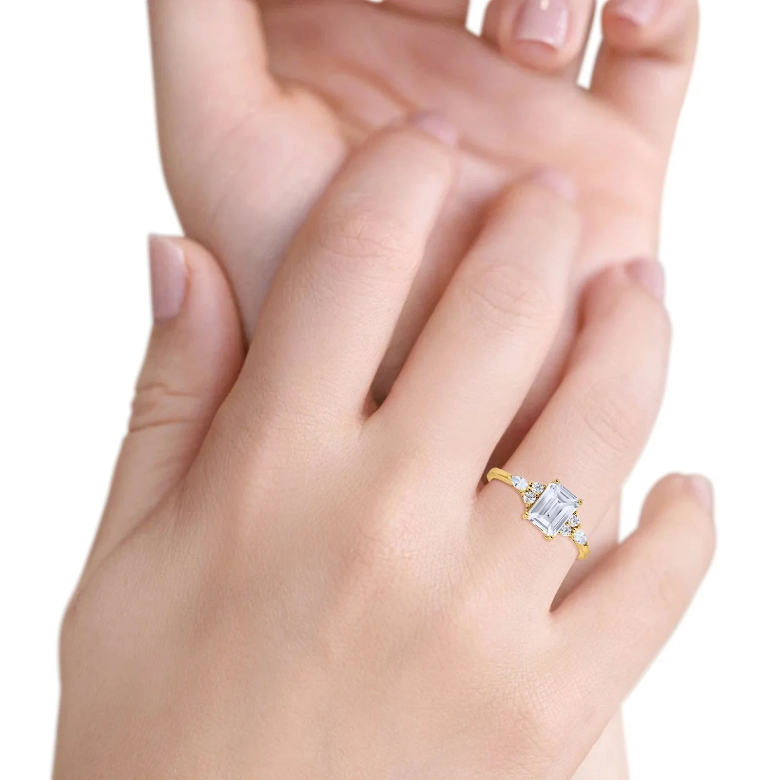 14K Yellow Gold Art Deco Emerald Cut Engagement Women Ring Marquise & Round Simulated CZ