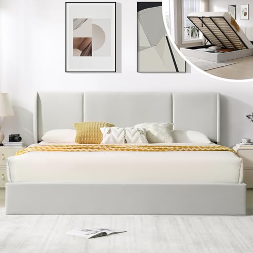 VELOCAVA Queen Size Lift Up Storage Bed with Modern Wingback Headboard, Upholstered Platform Bed with Fabric with Hydraulic Support Bars