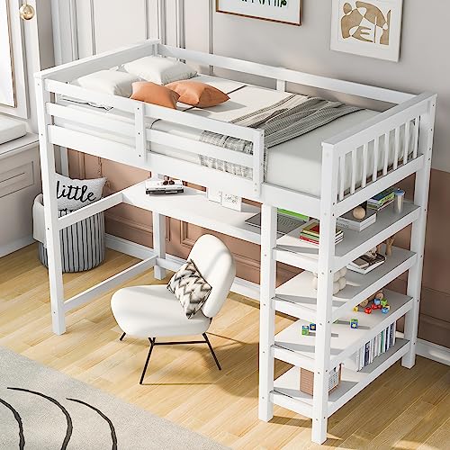 Harper & Bright Designs Full Loft Bed with Desk and Wardrobe,Solid Wood Loft Bed Frame Full with Storage Drawers for Kids Teens Adults