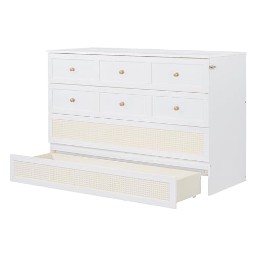Ball & Cast Queen Size Solid Pine Murphy Bed Chest,Cabinet Hideaway Bed with Charging Station and Large Storage Drawer,Wood Wall Bed can be Folded