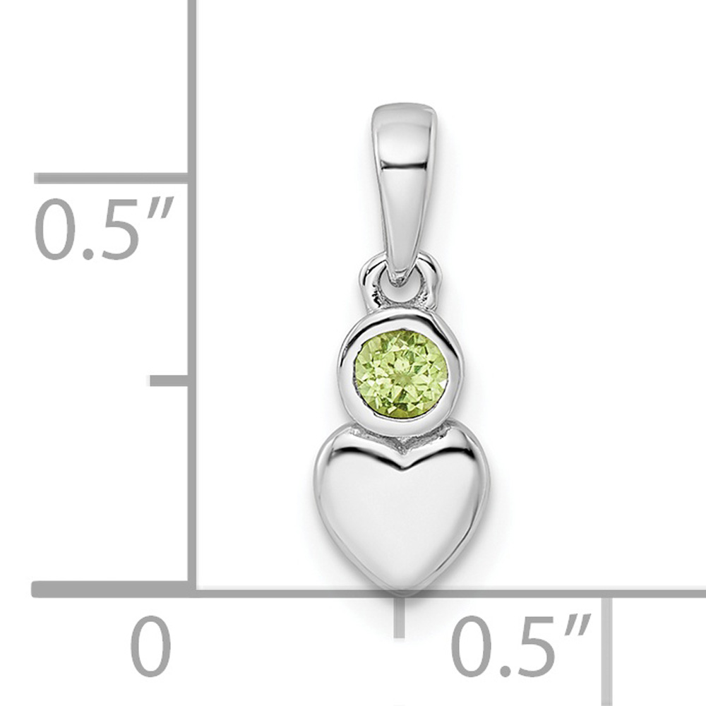 Carat in Karats Sterling Silver Polished Finish Rhodium-Plated Peridot Heart Charm Pendant (17mm x 5.55mm) With Sterling Silver Cable Chain Necklace