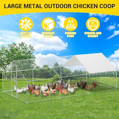Heavy Duty Walk-in Chicken Coop, Large Metal Poultry Cage with Waterproof UV Cover & Round Top Design