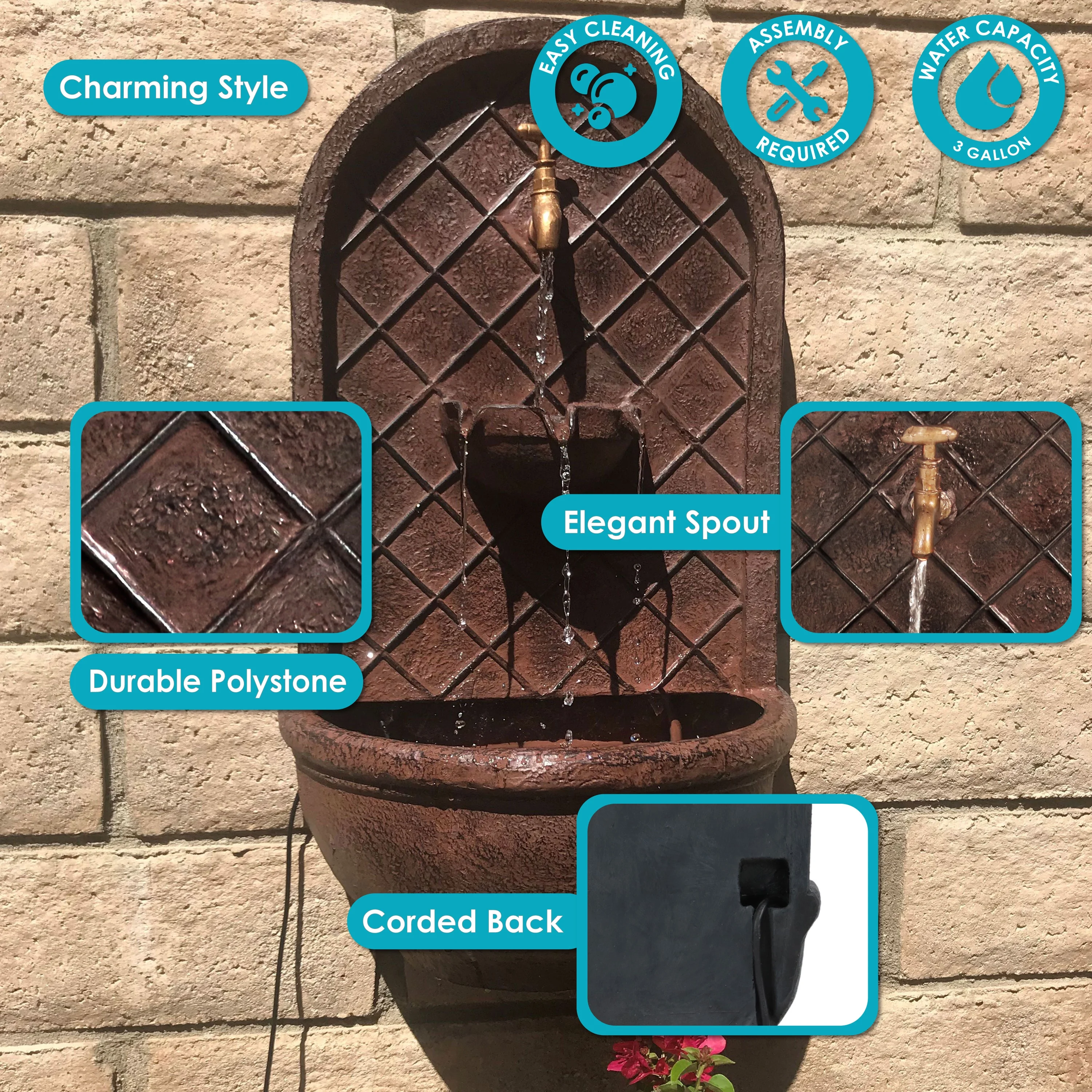 Sunnydaze Messina Solar Wall Fountain with Battery Backup - 26" H - Bronze
