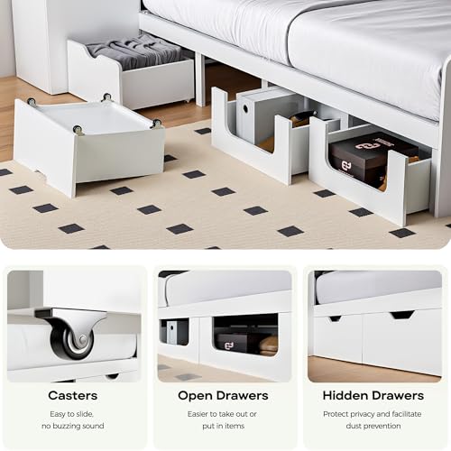 Full Platform Bed Frame with Foldable Desk, Daybed with Storage Headboard, Bookcase, 4 Drawers, LED Light & Charging Station, No Box Spring Needed