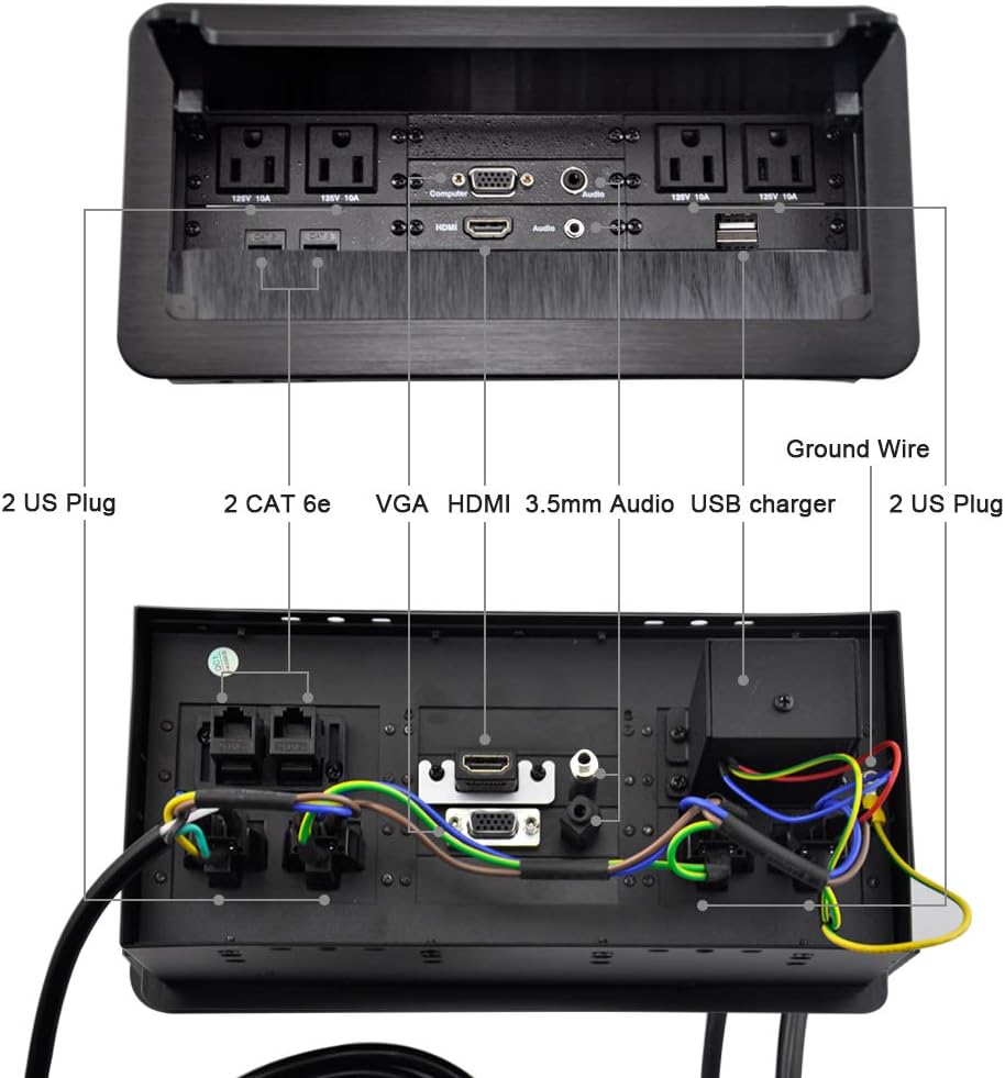 Conference Table Power Brush Connectivity Box with 4 AC Power + 2 RJ45（CAT6） + 2 Audio 3.5mm + 1 VGA + 1 HDMI + 2 USB Charger with 5.58ft Power Cord