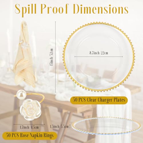 Tioncy 100 Pcs Clear Charger Plates Bulk Beaded Charger Plates and Napkin Rings 13 Inch Plastic Round Chargers for Dinner Plates Wedding Party Event