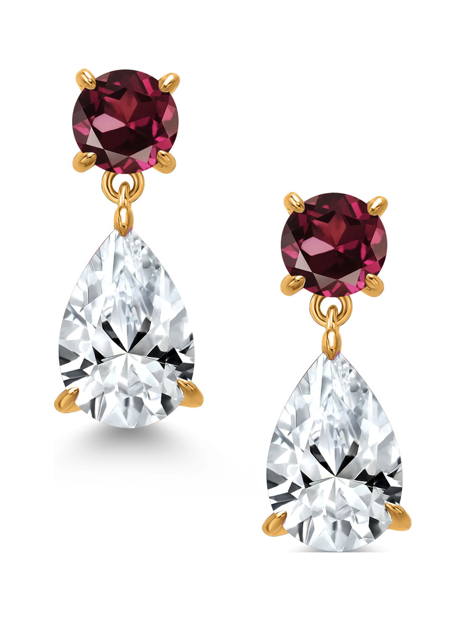 Gem Stone King 18K Yellow Gold Plated Silver White Created Sapphire and Red Rhodolite Garnet Teardrop Dangle Drop Earrings For Women (8.98 Cttw