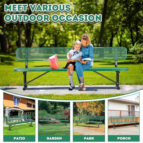 8FT Heavy Duty Park Bench with Back Portable Frame, Outdoor Metal Park Bench with Backrest, Steel Mesh Outdoor Bench for Garden, Lawn, Patio, Porch