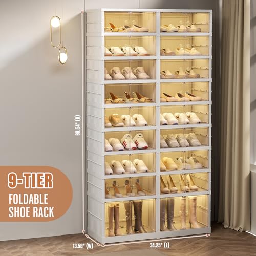 Foldable Shoes Rack Organizer Clear Plastic Shoes Rack for Closet Shelf Collapsible Large Shoes Storage Box Stackable Easy Assembly Shoe Cabinet with
