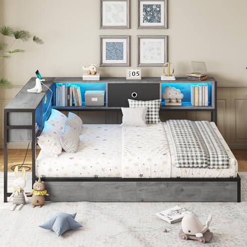 DICTAC Corner Full Bed Frame with Bookcase Storage and Led Lights Full Size Metal Platform Bed Frame with Storage Drawers & Charging Station Full