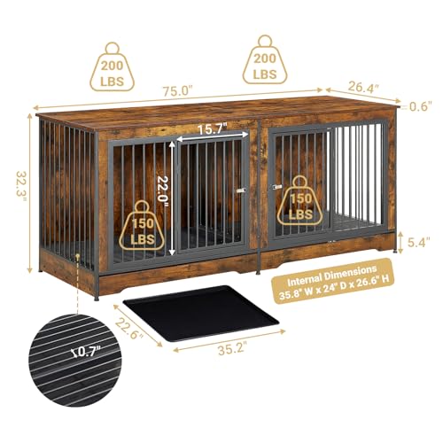 Rovibek 86" Stackable Dog Kennel Furniture with Removable Divider & 3 Doors, Double Dog Crates Furniture for 2 Dogs, Corner Dog Crate Furniture