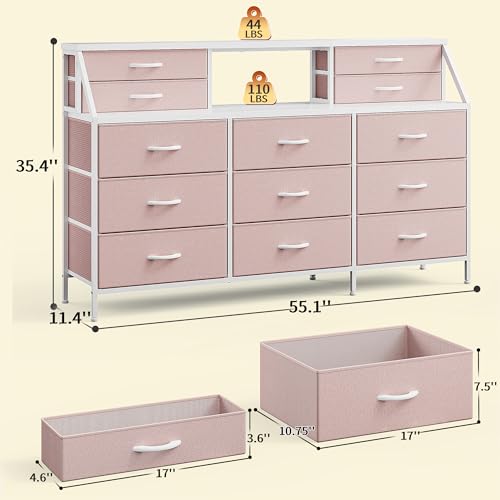 55" W Dresser for Bedroom, Dressers & Chests of Drawers with 13 Fabric Drawers and 2 Open Shelves, Long Vanity Dressers for Bedroom & Closet