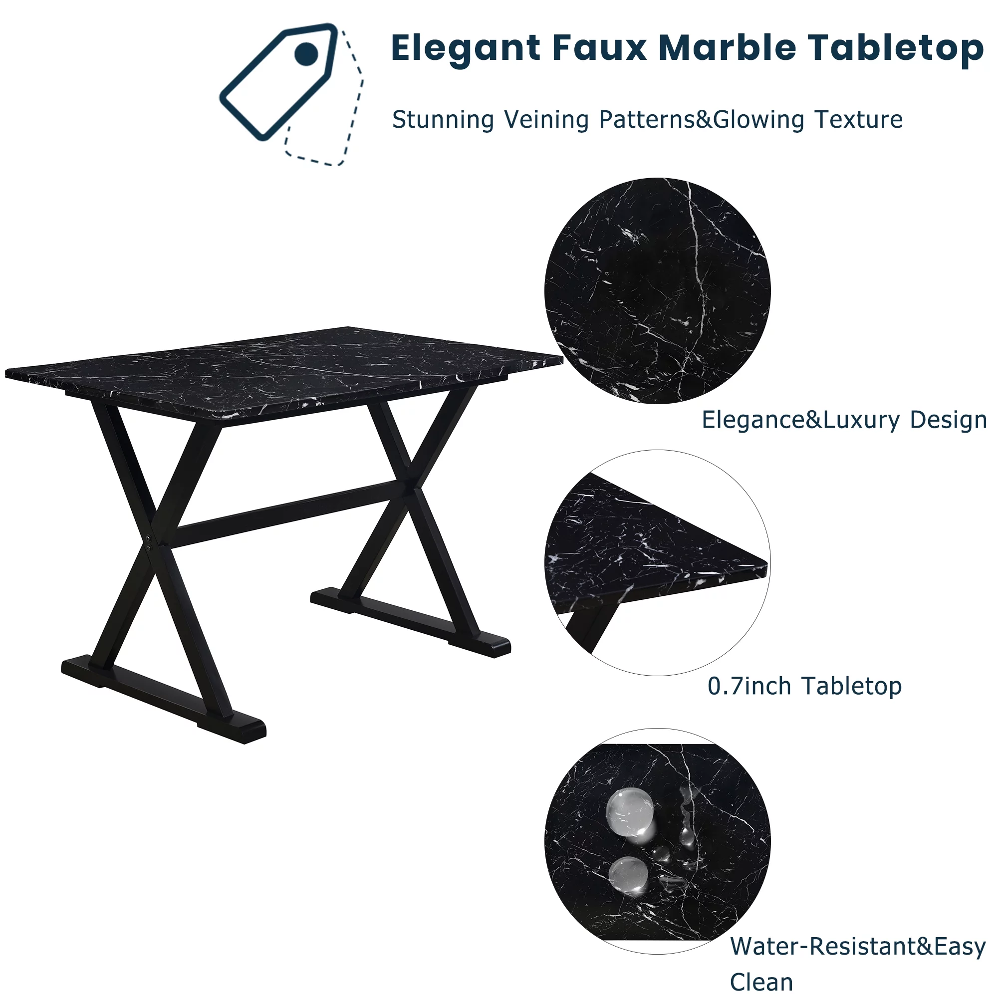 Atumon Dining Room Set for 4, 5 Piece Dining Set with Faux Marble Tabletop and 4 Upholstered Chairs, Wood Farmhouse Dining Room Set