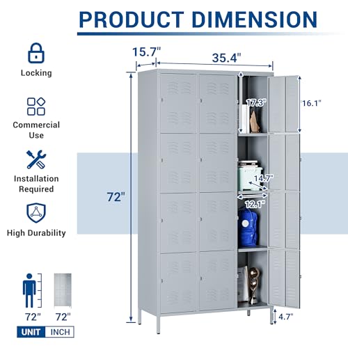 72" Metal Locker for Employees 3 Doors Blue Steel Storage Locker for Office, School, Gym - Metal Storage Cabinets for Home, Office, Gym, School