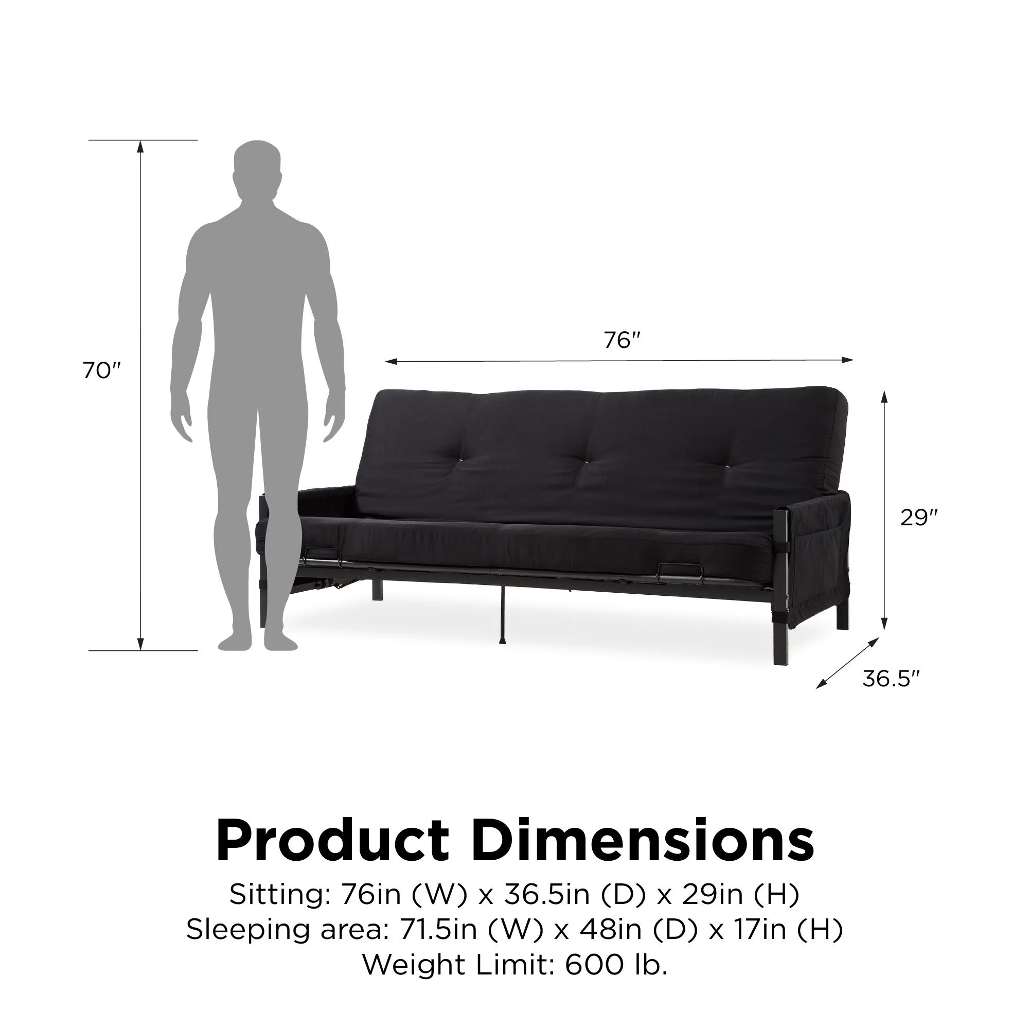 DHP Fairview Futon Set with Black Metal Frame, 6" Mattress and Storage Pockets, Black