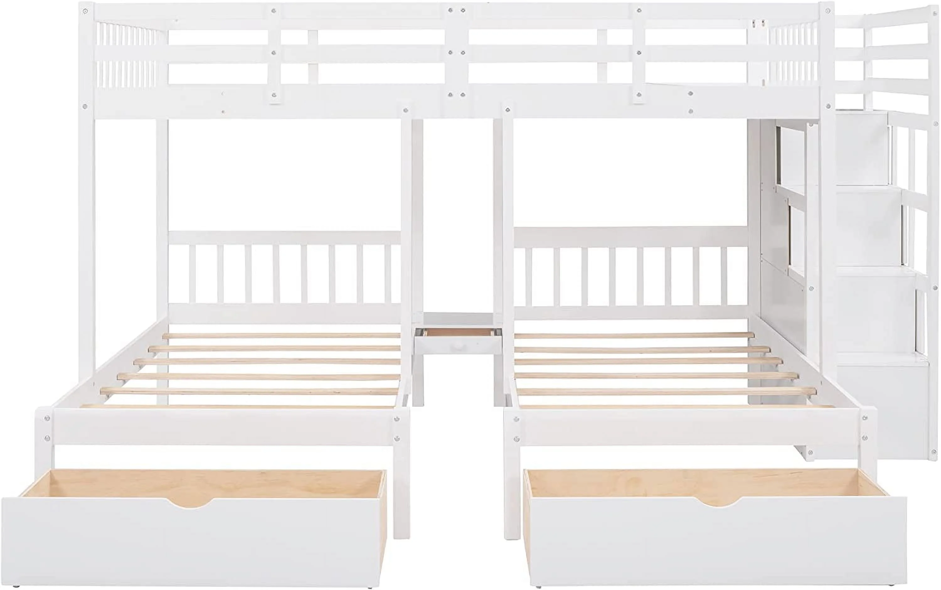 Full Over Twin & Twin Bunk Bed, Wood Triple Bunk-Beds with Drawers and Guardrails,White