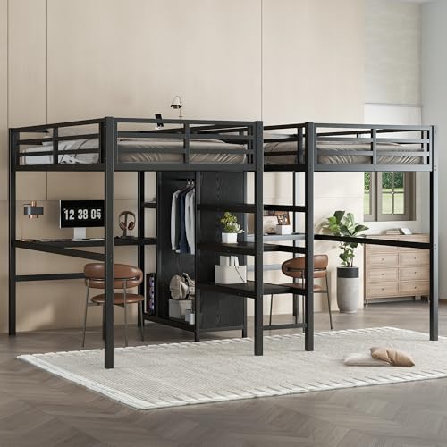 Twin Size Double Loft Bed with Desks, Heavy Duty Metal Loft Bed Frame with Charging Station, Wardrobe & Storage Shelves, Noise Reduced