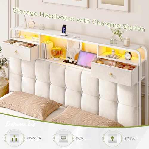 EnHomee King Size Bed Frame with 4 Storage Drawers King Bed Frame with Headboard Built in Charging Station and LED Lights, No Noise