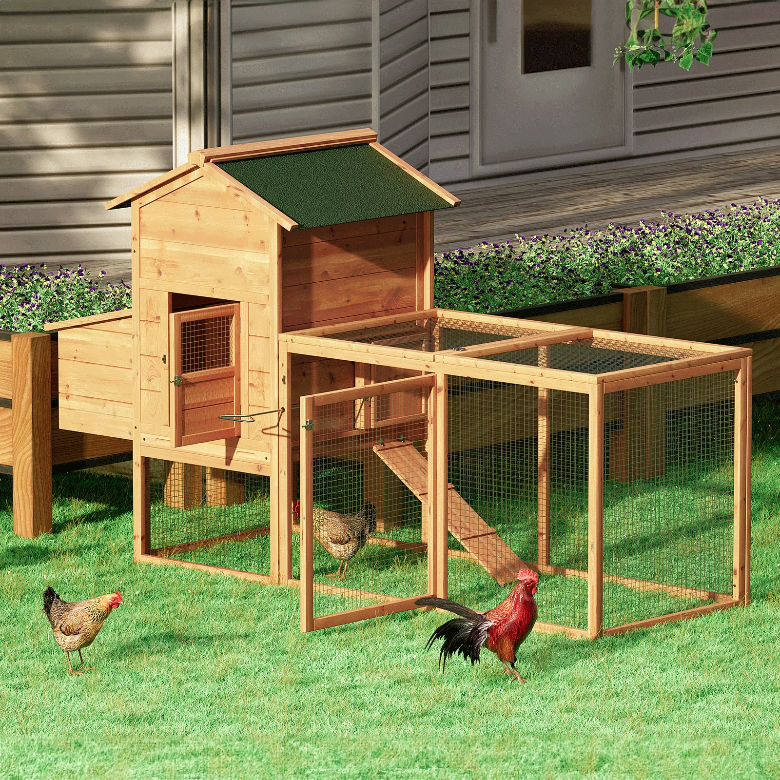 Magshion Outdoor Chicken Coop with Nesting Box, 80 inch Wooden Rabbit Hutch Poultry House with Run Cage
