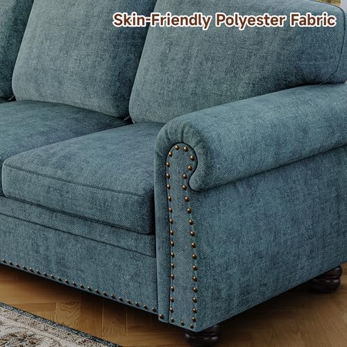 90 Inch Nailhead Trim Couch for Living Room, 23 Inch Deep Seat Rolled Arm Sofa, Comfy Upholstered 3 Seater Chenille Couch w/Wooden Leg