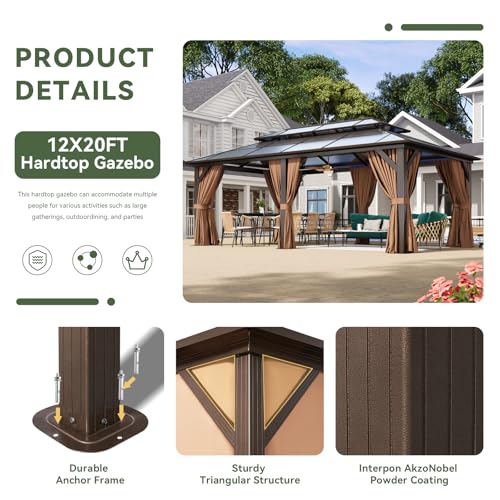Aoxun 12'x16' Hardtop Gazebo, Aluminum Frame Permanent Pavilion with Netting and Curtains, Outdoor Polycarbonate Double Roof Canopy