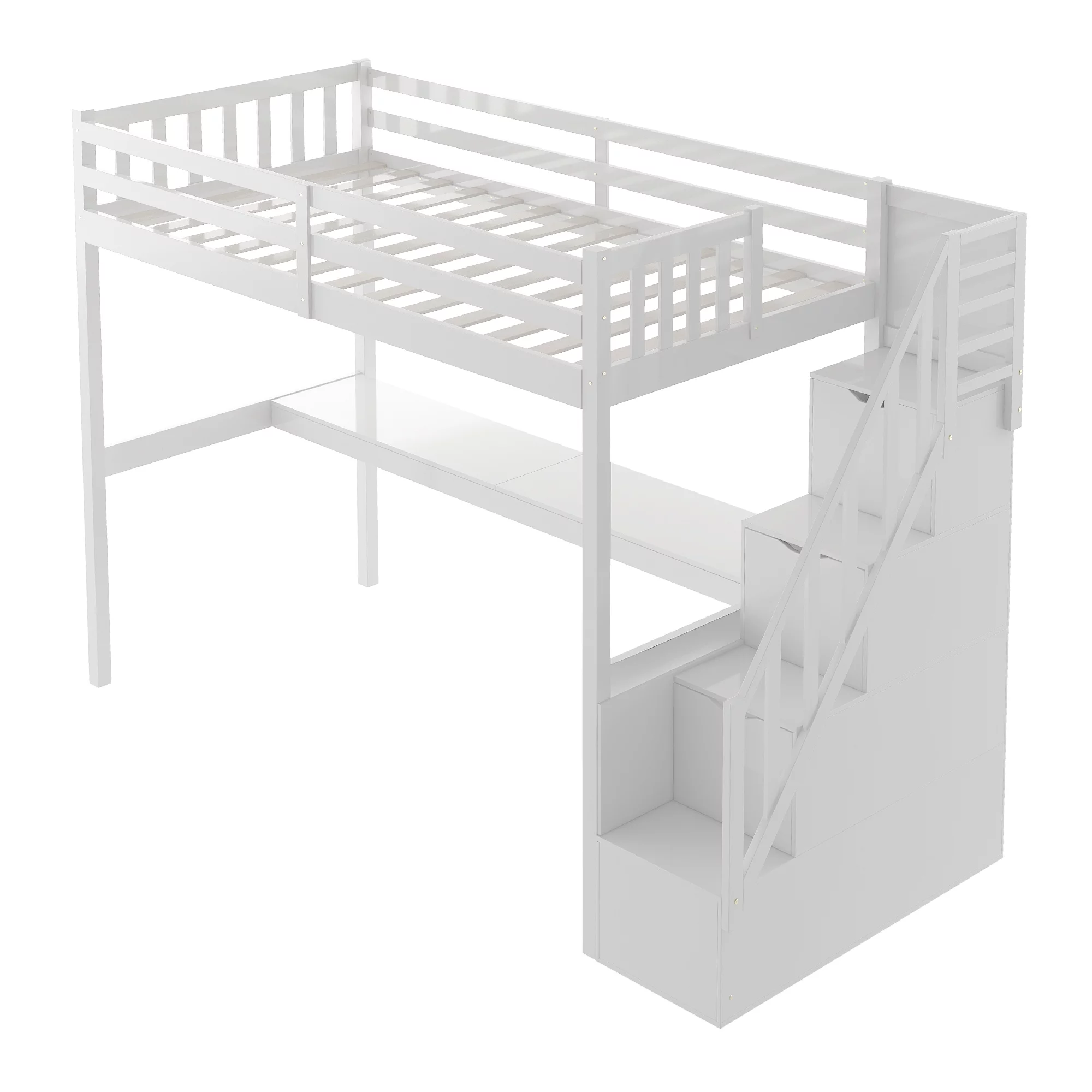 EUROCO Twin Size Loft Bed with Storage Staircase and Built-in Desk, White