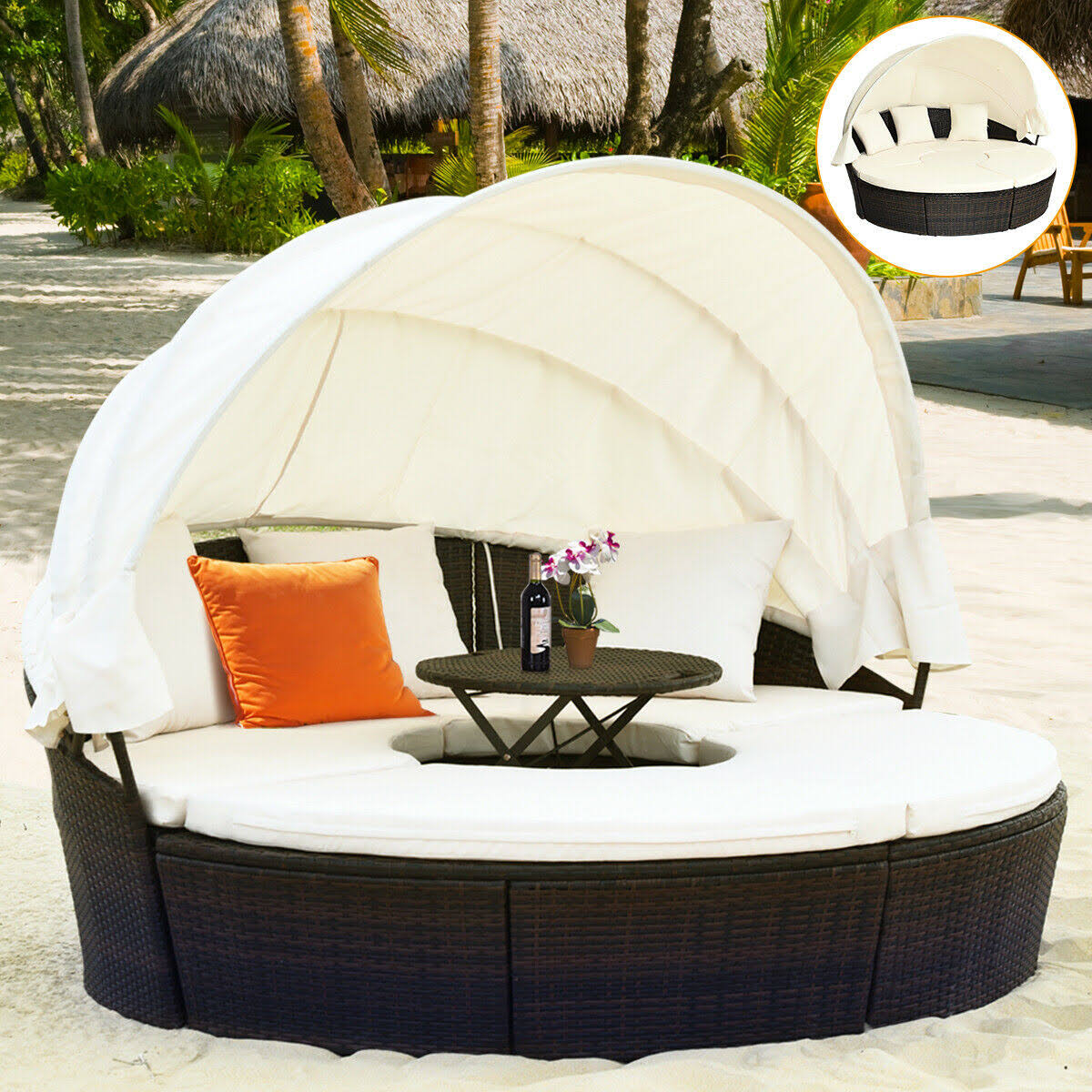 Gymax Rattan Wicker Round Retractable Canopy Daybed Sofa Furniture Set Outdoor Patio - Avayadevconnect