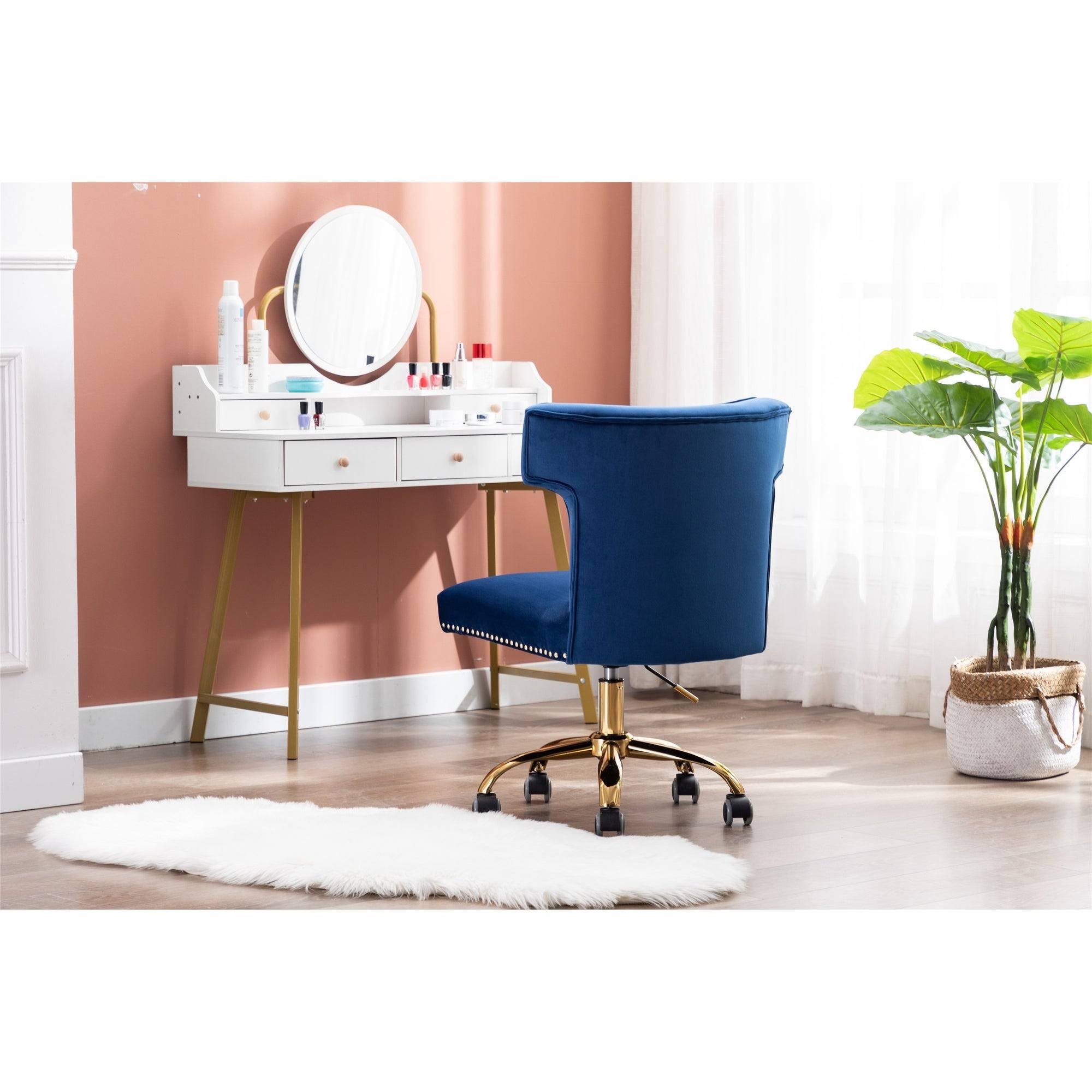 HOMEFUN Navy Velvet Upholstered Swivel Homeoffice Height Adjustable Task Chair with Gold Base and 360° Castor Wheels, Blue