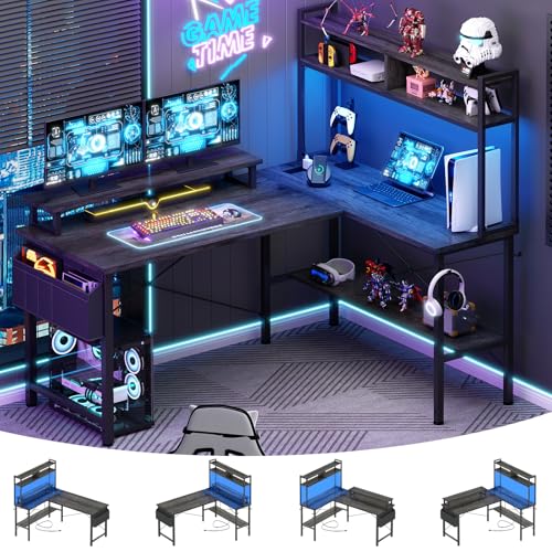 Aheaplus L Shaped Gaming Desk with Power Outlets & LED Lights, Small L- Shaped Desk Computer Corner Desk with Monitor Stand & Storage Shelf