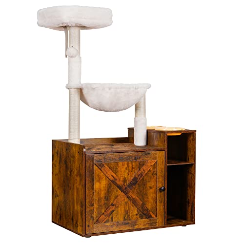 Hey-brother Cat Tree with XL Litter Box Enclosure, All-in-one Cat Tower for Indoor Cats with Large Hammock, Bed, Food Station, Scratching Posts