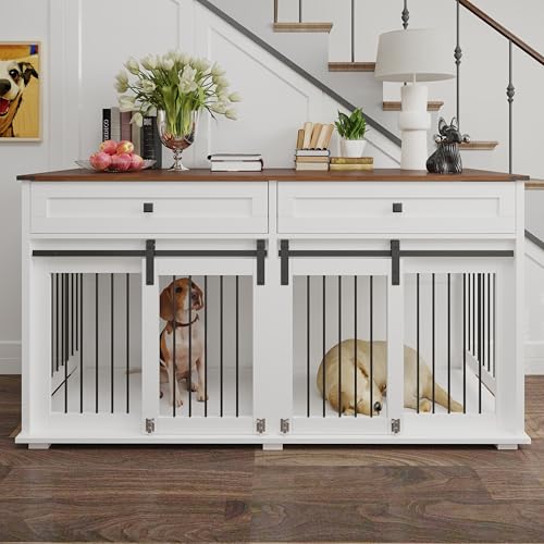Farmhouse Dog Crate Furniture for 2 Dogs, Room Divider & Sliding Barn Door, Indoor Furniture Style Heavy Duty Dog Cage for Small Medium Dog