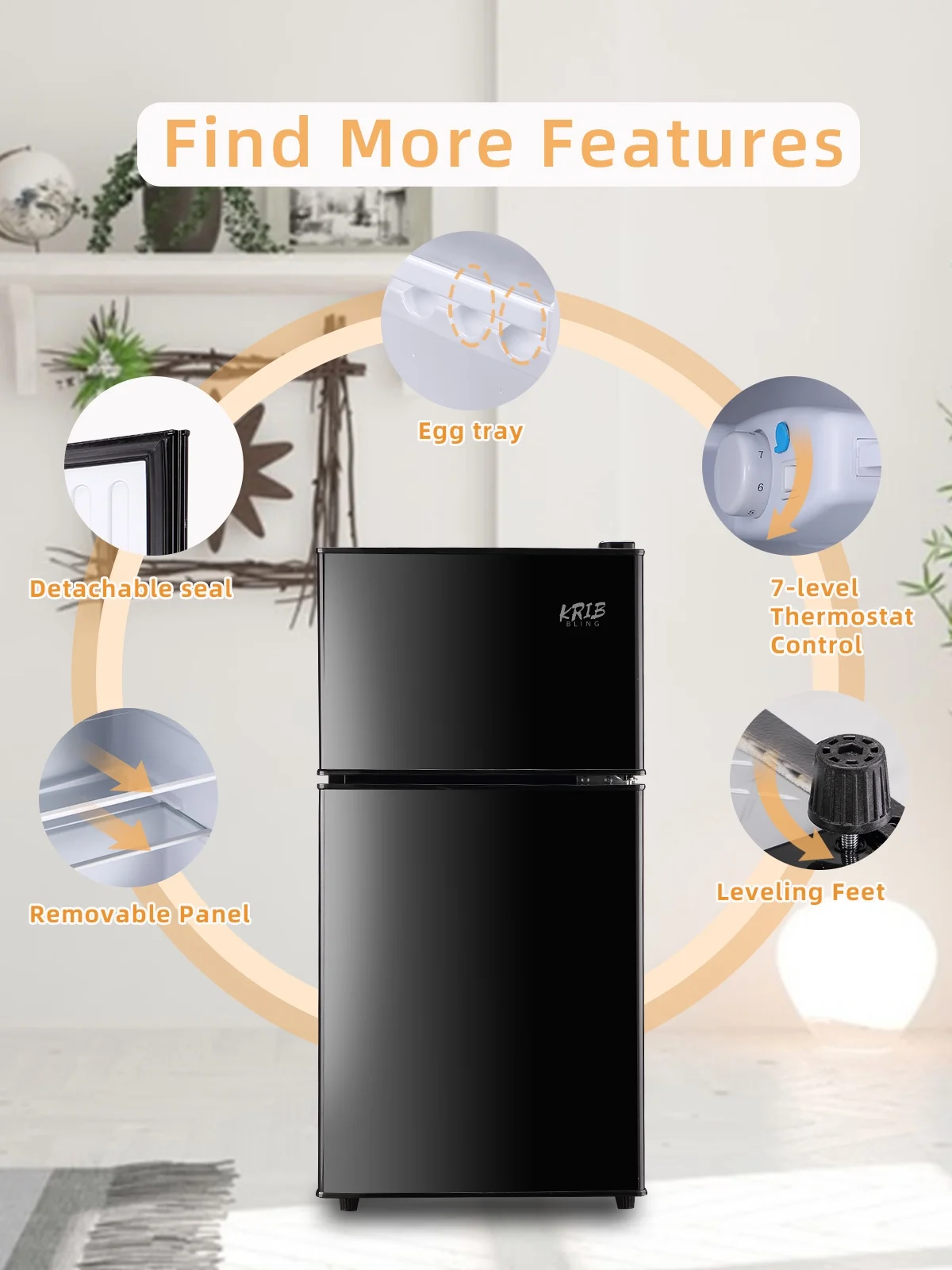 KRIB BLING 3.5 Cu.ft Mini Fridge with 7 Level Thermostat, Compact Refrigerator with Freezer on Top, Ideal for Dorm, Office, Black