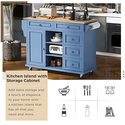 53.5''Farmhouse Kitchen Island with Power Outlet, Kitchen Storage Island with Drop Leaf, Spice Rack and Drawer, Rolling Kitchen Cart on Wheels