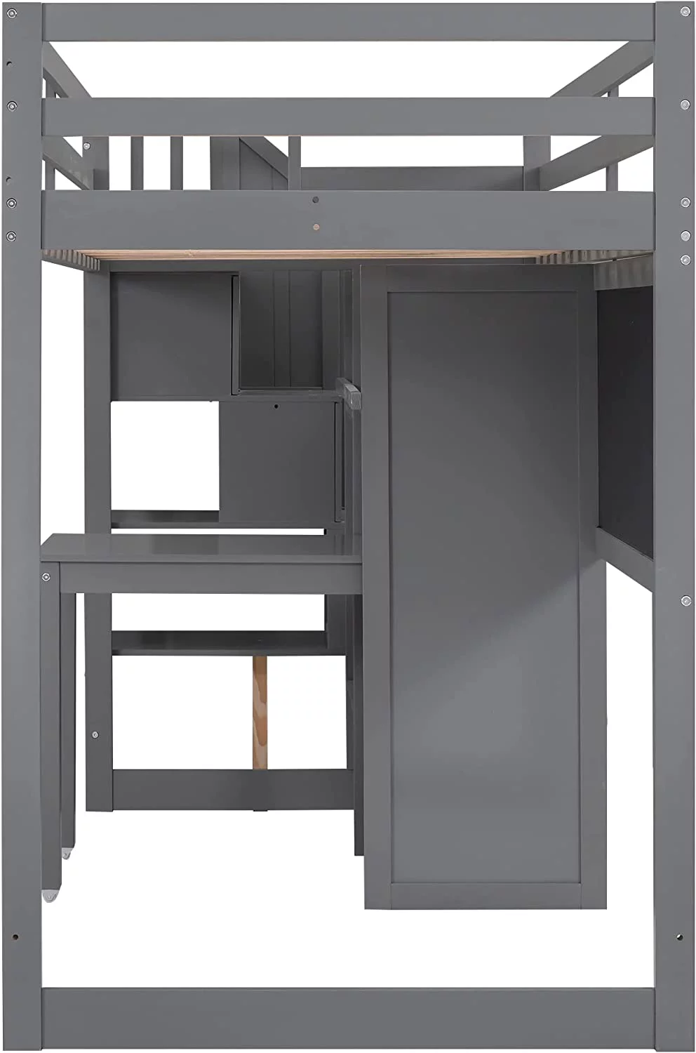 Churanty Twin Size Loft Bed with Pullable Desk and Storage, Wood Loft Bed with Staircase and Blackboard for Kids Teens Adults,Grey