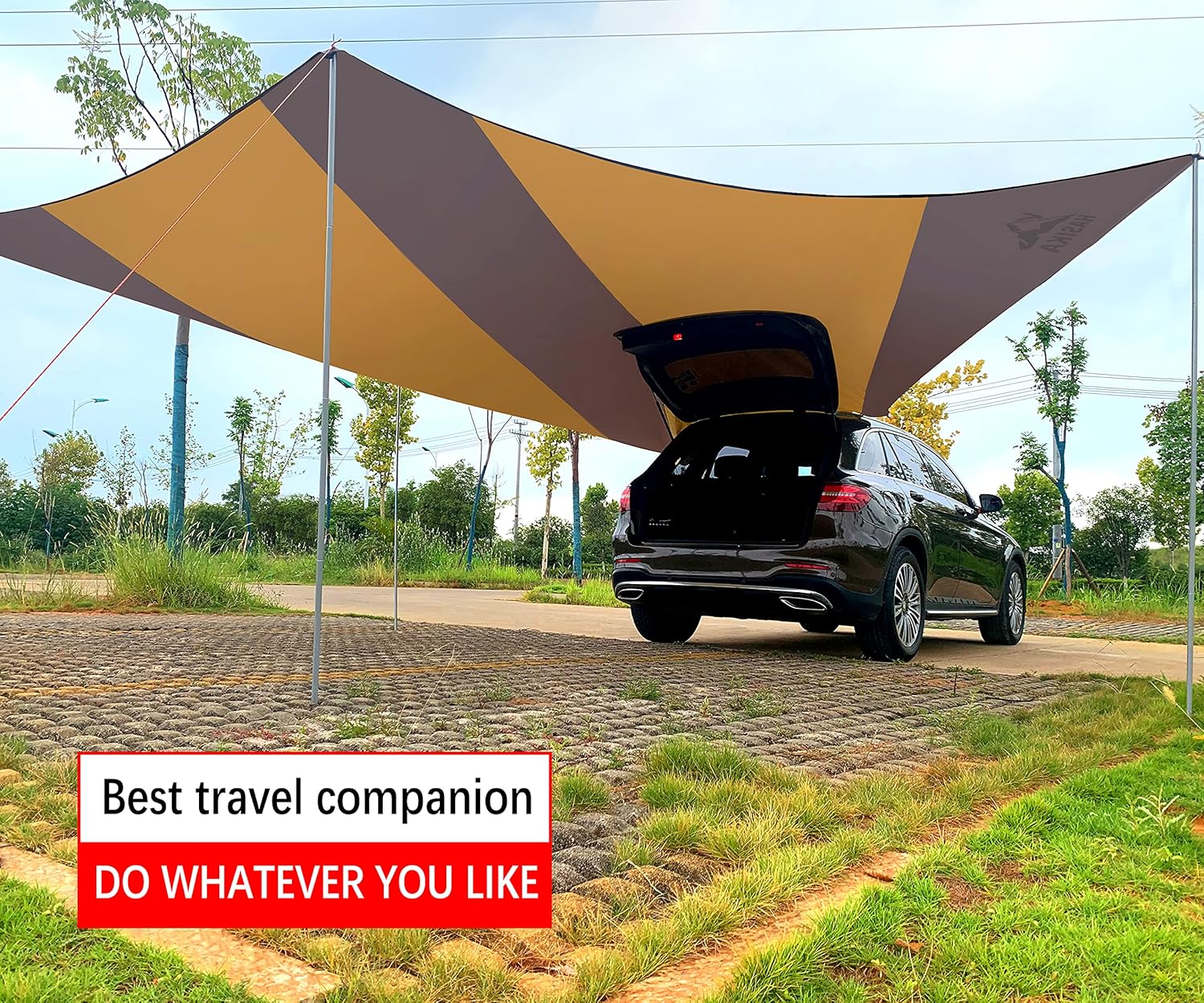 Hasika Car Awning Extremely Large Camping Tarp 100% Waterproof Ripstop with 4 Poles for SUV Tuck Overlanding Picnic Activities and More