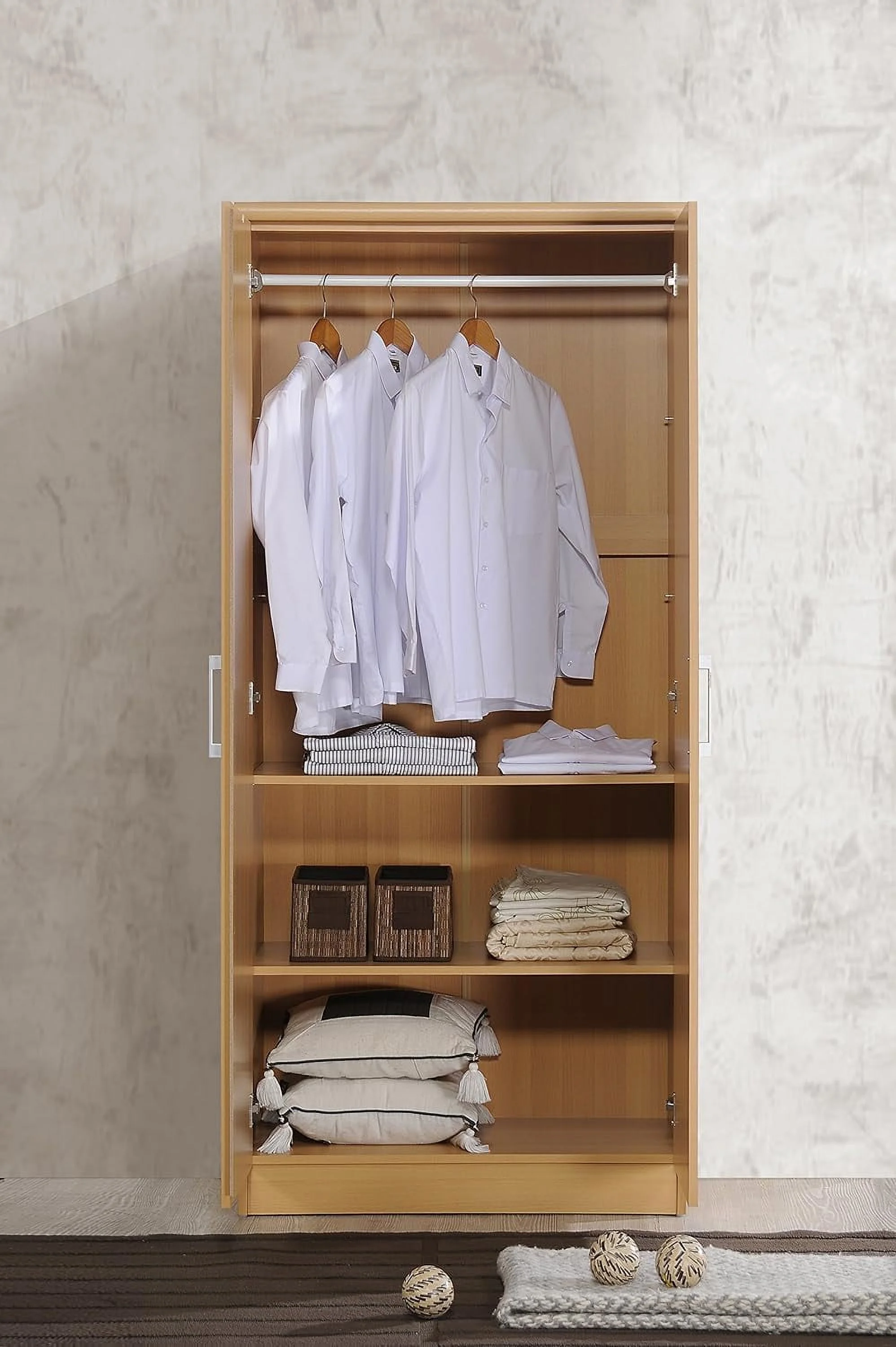 IMPORT 2 Door Wardrobe With Adjustable/Removable Shelves & Hanging Rod, Beech