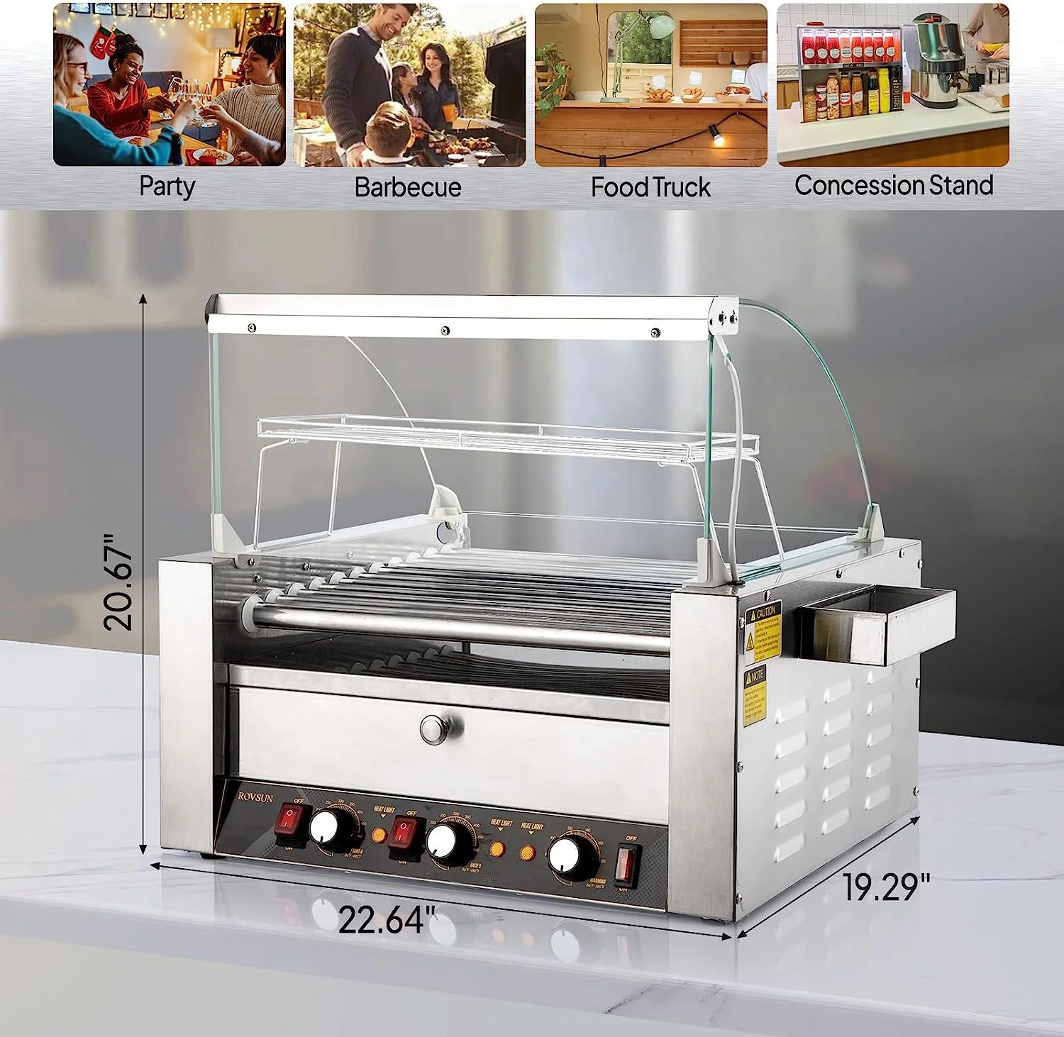 ROVSUN Hot Dog Roller Warmer 2000W, 11 Rollers 30 Hot Dog Roller Grill Cooker Machine w/Bun Warmer, Cover, Dual Temp Control, LED Light