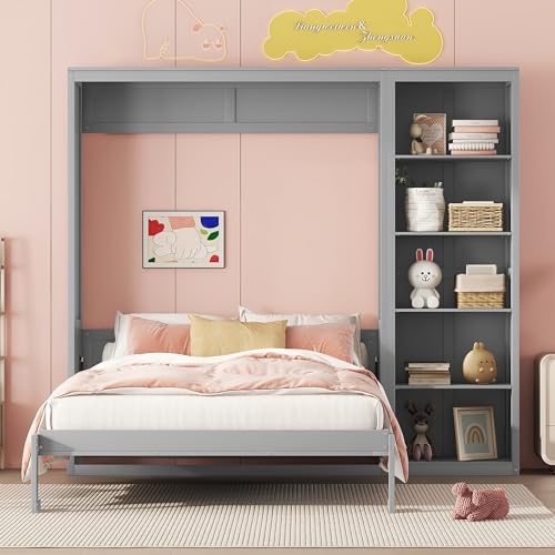 Harper & Bright Designs Full Size Murphy Bed Wall Bed with Storage Shelves, Drawers and LED Lights
