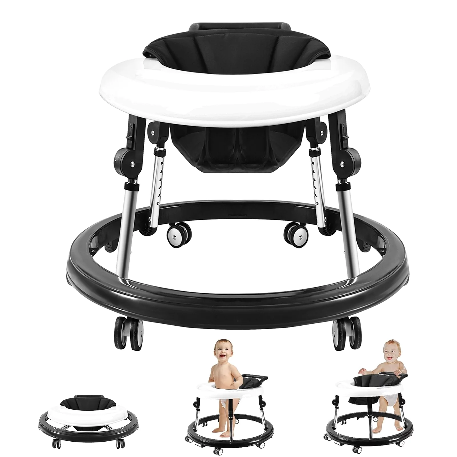Baby Walker, Baby Walker with Wheels, Foldable 9-Gear Height Adjustable, Baby Walkers and Activity Center with Foot Pads/Mute Wheels