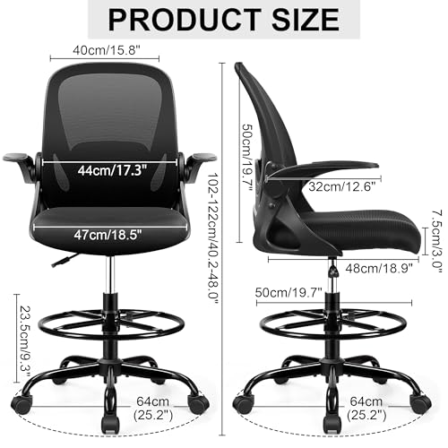 Primy Drafting Chair Tall Office Chair with Flip-up Armrests Executive Ergonomic Computer Standing Desk Chair with Lumbar Support and Adjustable