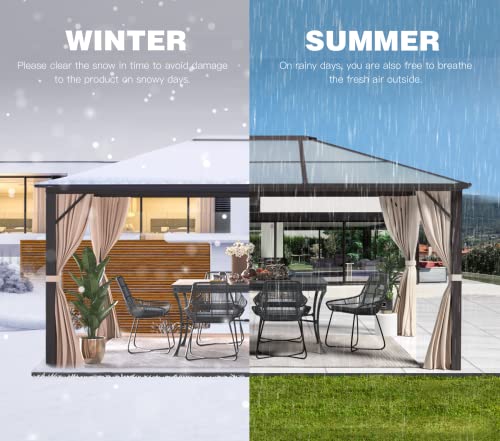 YOLENY 10'x13' Hardtop Gazebo, Outdoor Polycarbonate Double Roof Canopy, Aluminum Frame Permanent Pavilion with Curtains and Netting