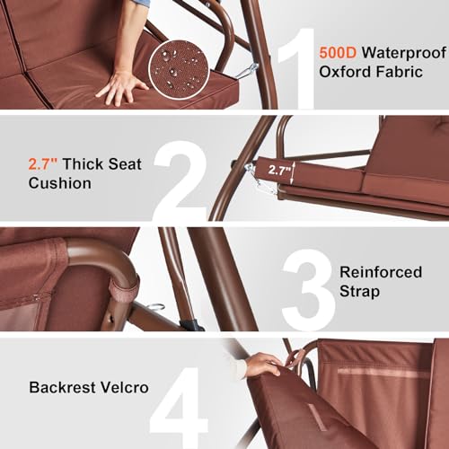 VEVOR 3-Seat Patio Swing Chair, Converting Canopy Swing, Outdoor Patio Porch with Adjustable Canopy, Removable Thick Cushion and Alloy Steel Frame